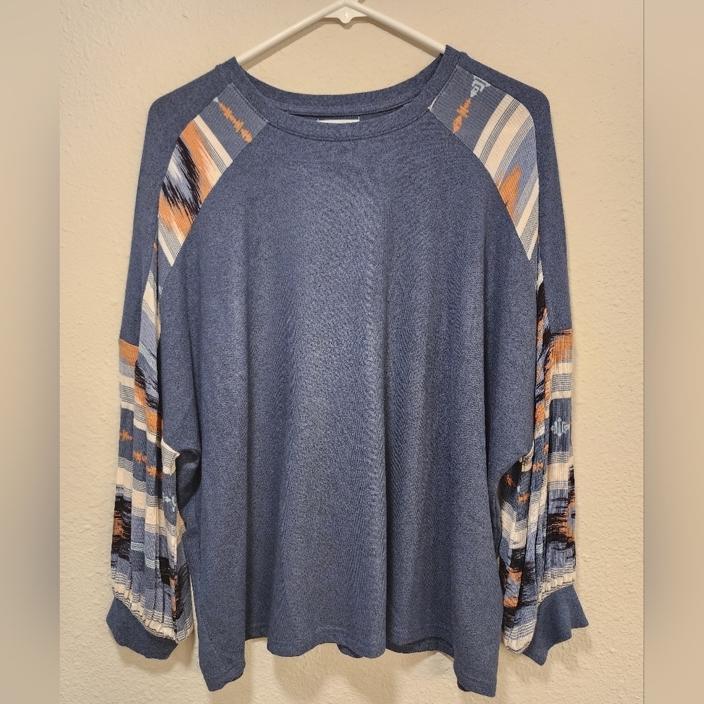 Blue Knit Top with Patterned Sleeves